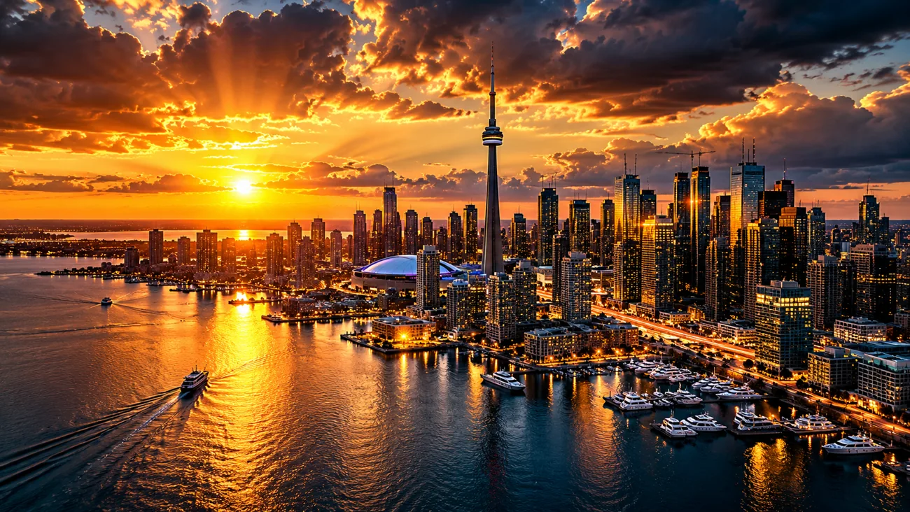 City skyline at sunset