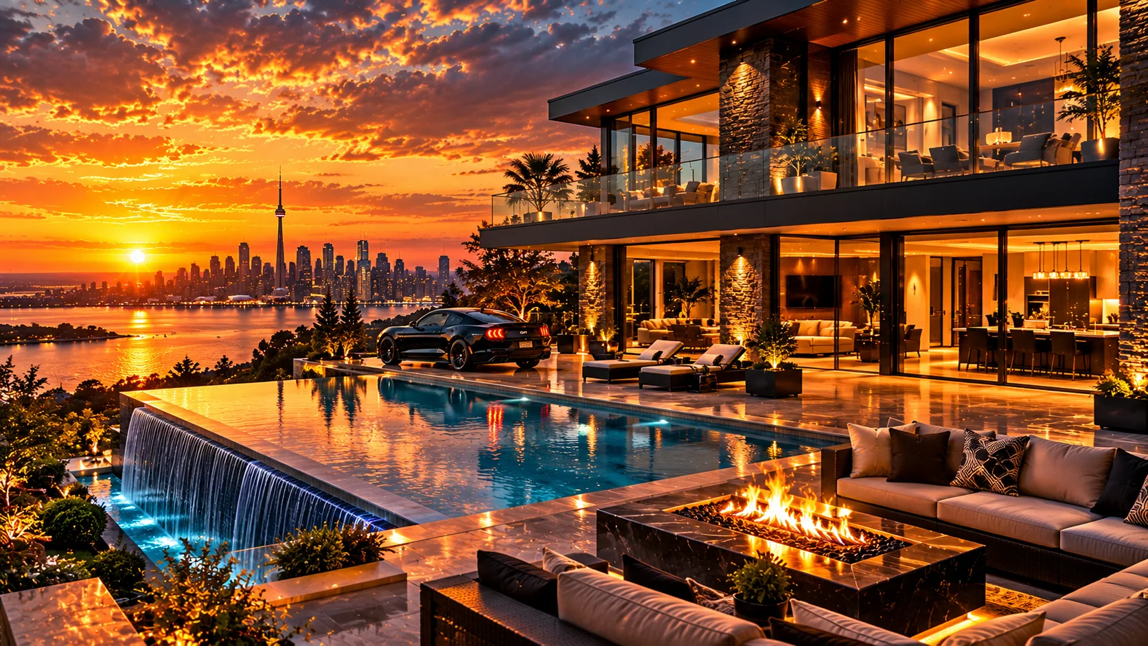 Modern waterfront residence at sunset